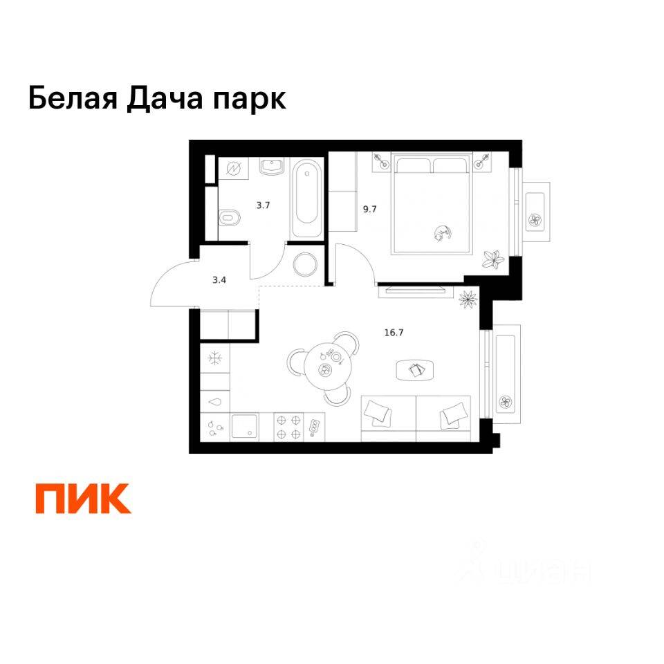 1-комн. квартира, 33,5 м², в ЖК «Белая Дача парк»
