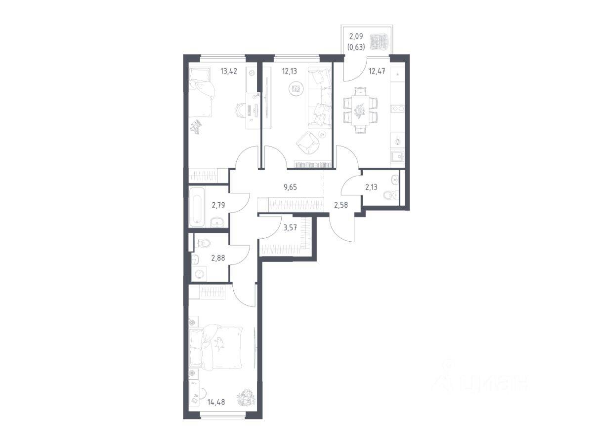 3-комн. квартира, 76,73 м², в ЖК Горки Парк