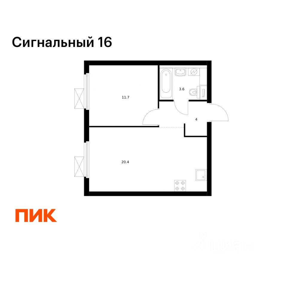 Планировка 1 комнатной квартиры, 39.7 м², в «Сигнальный 16»