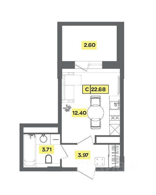 Планировка 1 комнатной квартиры, 22.68 м², в «Радость»