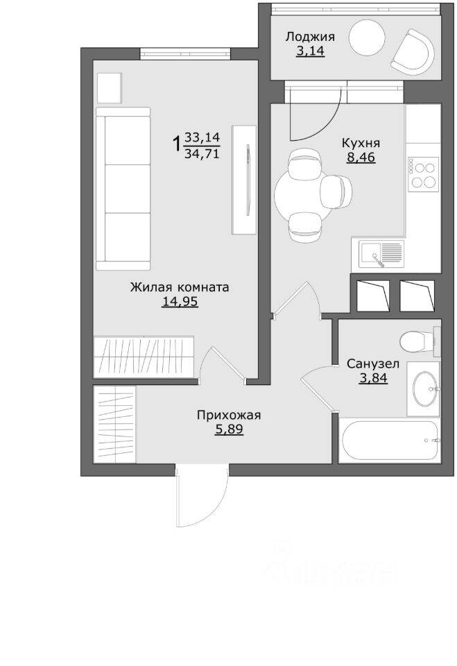 1-комн. квартира, 34,71 м², в ЖК Клевер
