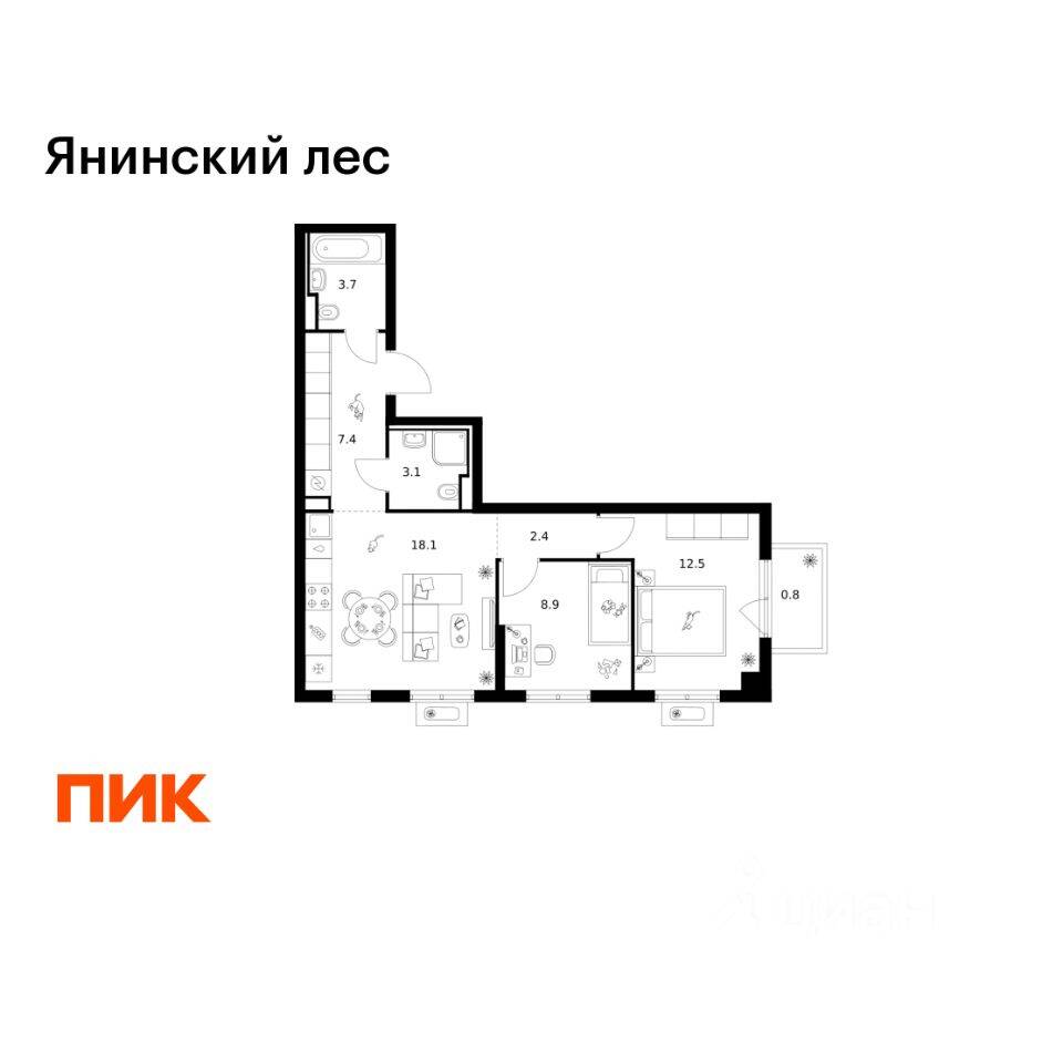 2-комн. квартира, 56,9 м², в ЖК Янинский лес