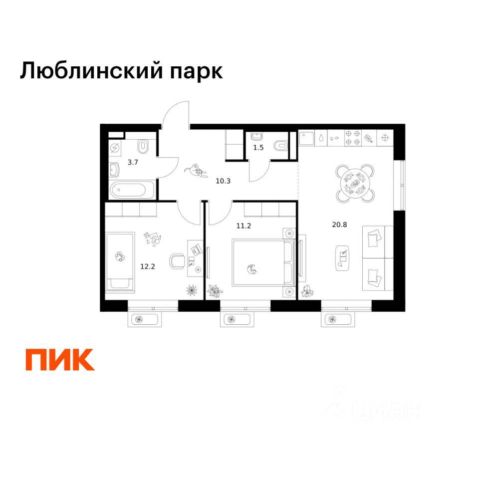 2-комн. квартира, 59,7 м², в ЖК «Люблинский парк»