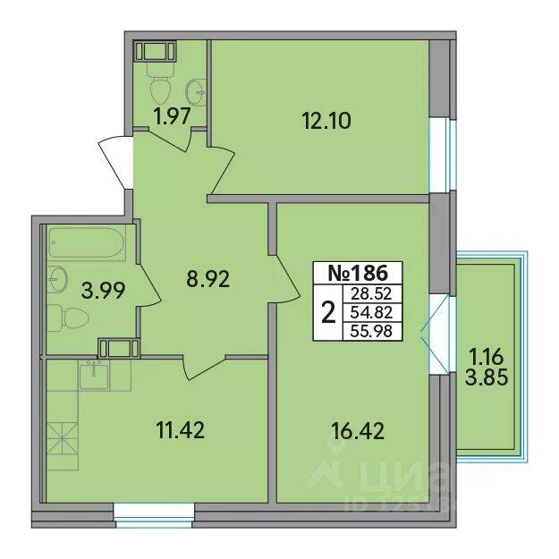 2-комн. квартира, 55,98 м², в ЖК Рождественский квартал