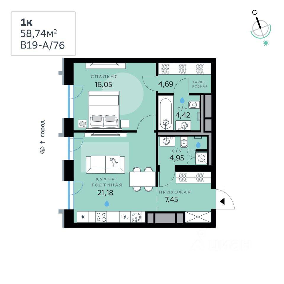 Планировка 1 комнатной квартиры, 58.74 м², в «СберСити»