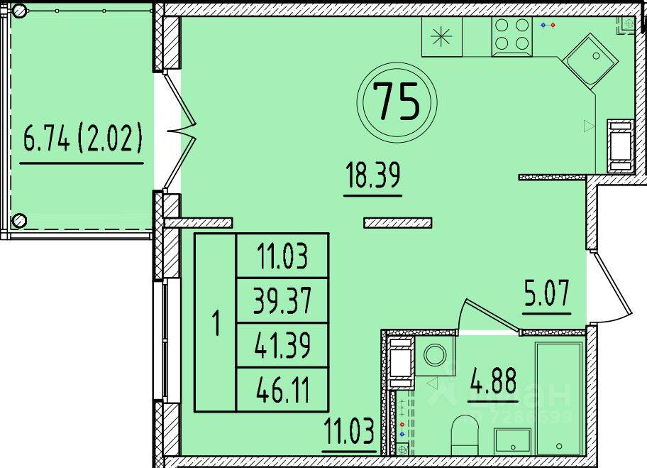 1-комн. квартира, 39,37 м², в Малоэтажный ЖК Образцовый квартал 17