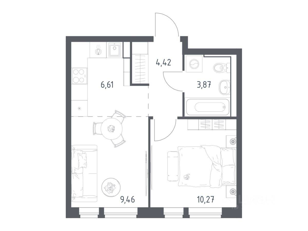 1-комн. квартира, 34,63 м², в ЖК Квартал Авиаторов