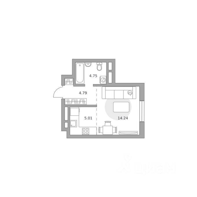 Планировка 1 комнатной квартиры, 28.79 м², в «Живописный»
