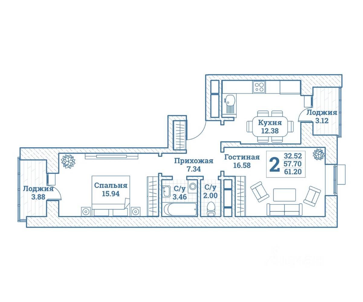 2-комн. квартира, 61,2 м², в ЖК Новоград Монино