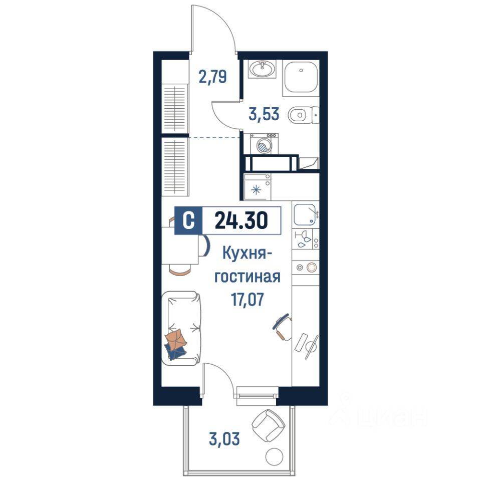 Планировка 1 комнатной квартиры, 24.3 м², в «Максималист»