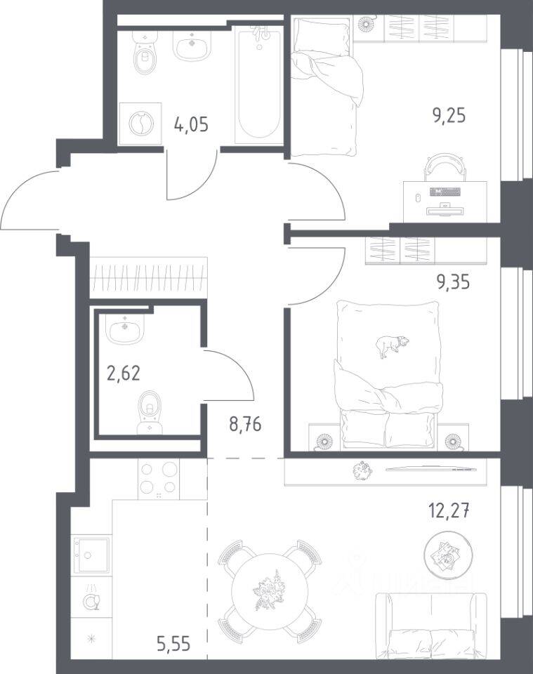 2-комн. квартира, 51,85 м², в ЖК «Живи! В Рыбацком»