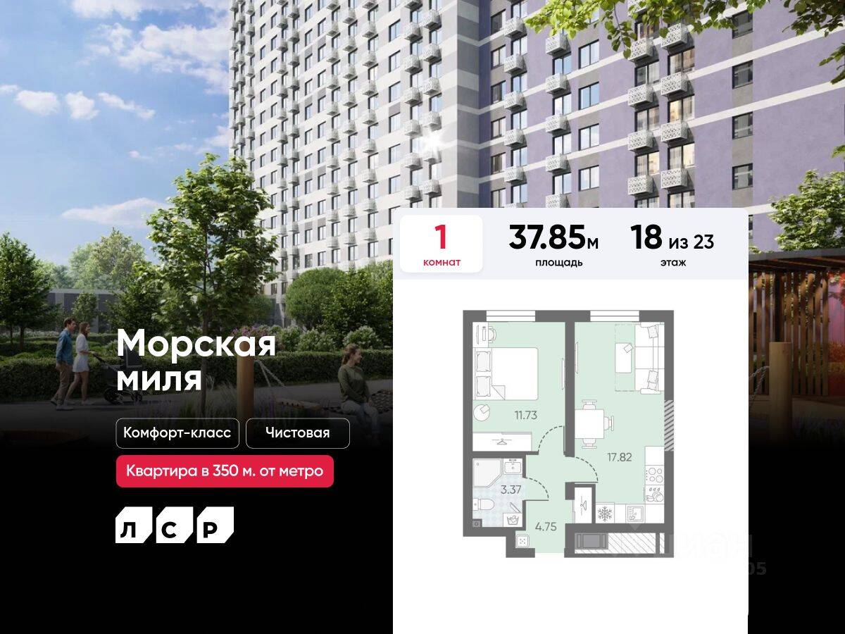 1-комн. квартира, 37,85 м², в ЖК Морская миля