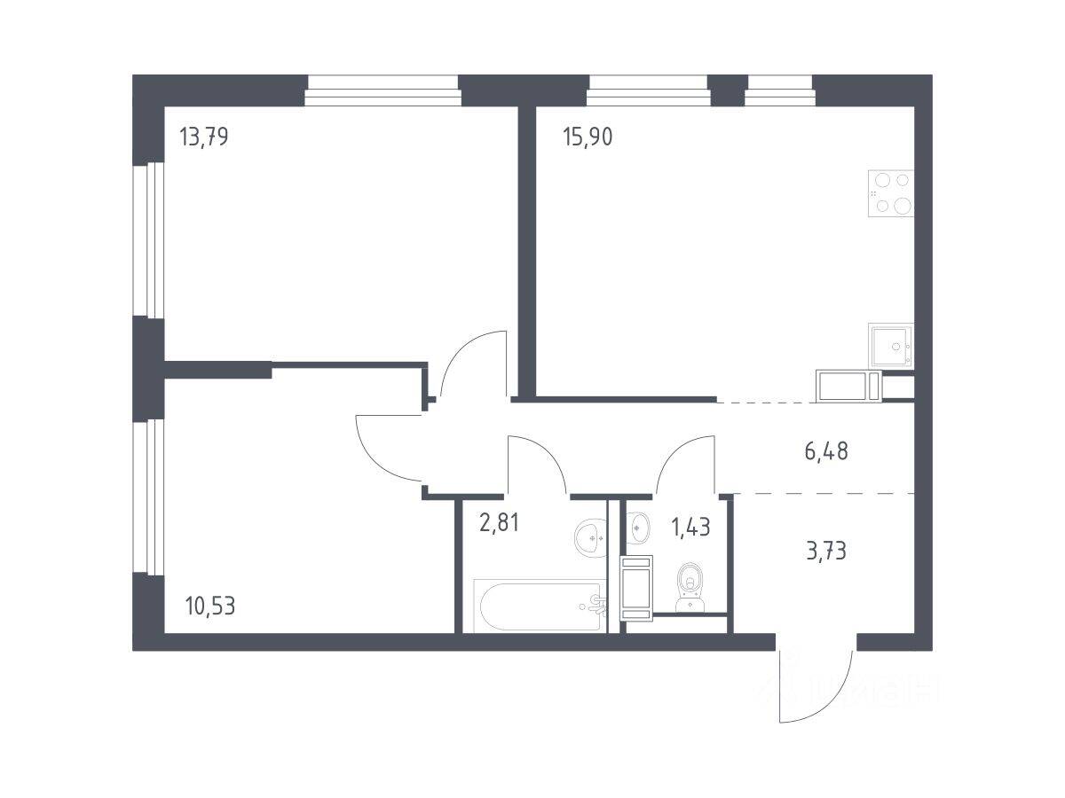 2-комн. квартира, 54,67 м², в ЖК Квартал Торики