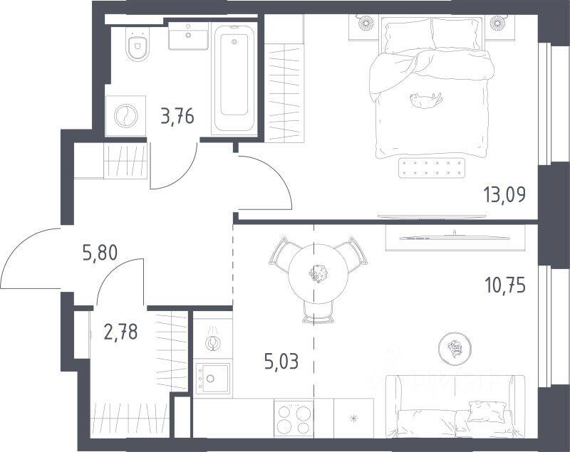 1-комн. квартира, 41,21 м², в ЖК Заречье Парк