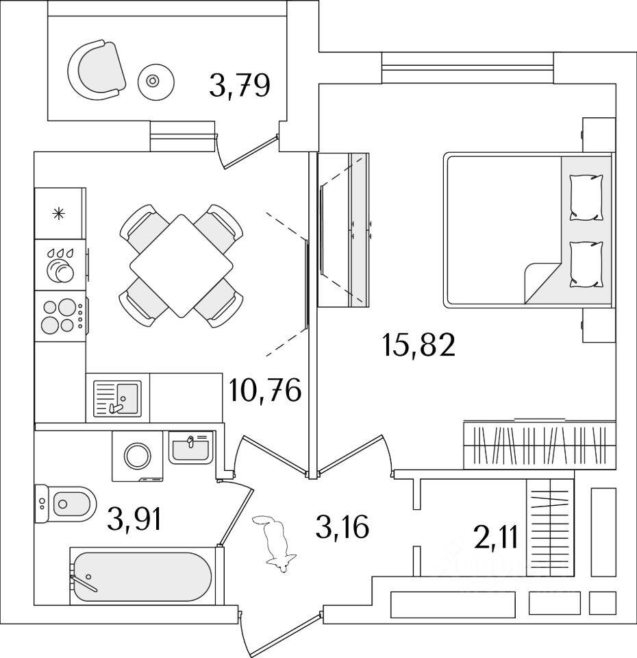 Планировка 1 комнатной квартиры, 37.7 м², в «Лайнеръ»