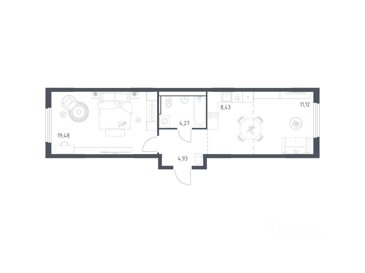 1-комн. квартира, 48,23 м², в ЖК «Пригород Лесное»