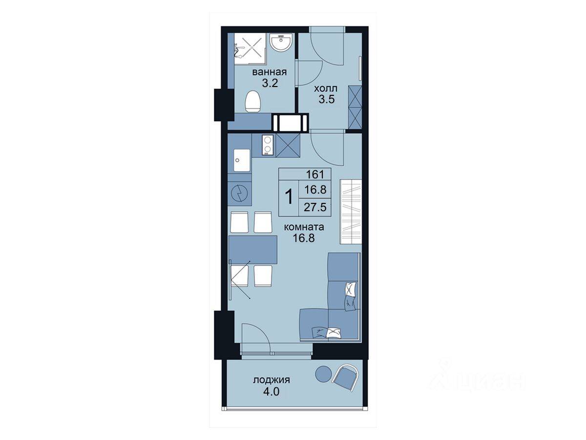 Планировка 1 комнатной квартиры, 27.5 м², в «WINGS апартаменты на Крыленко»