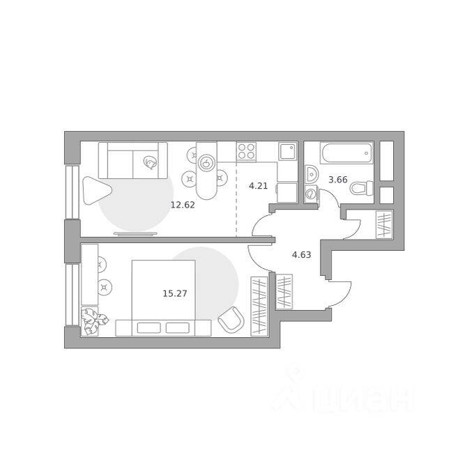 2-комн. квартира, 41,88 м², в ЖК Ильинойс