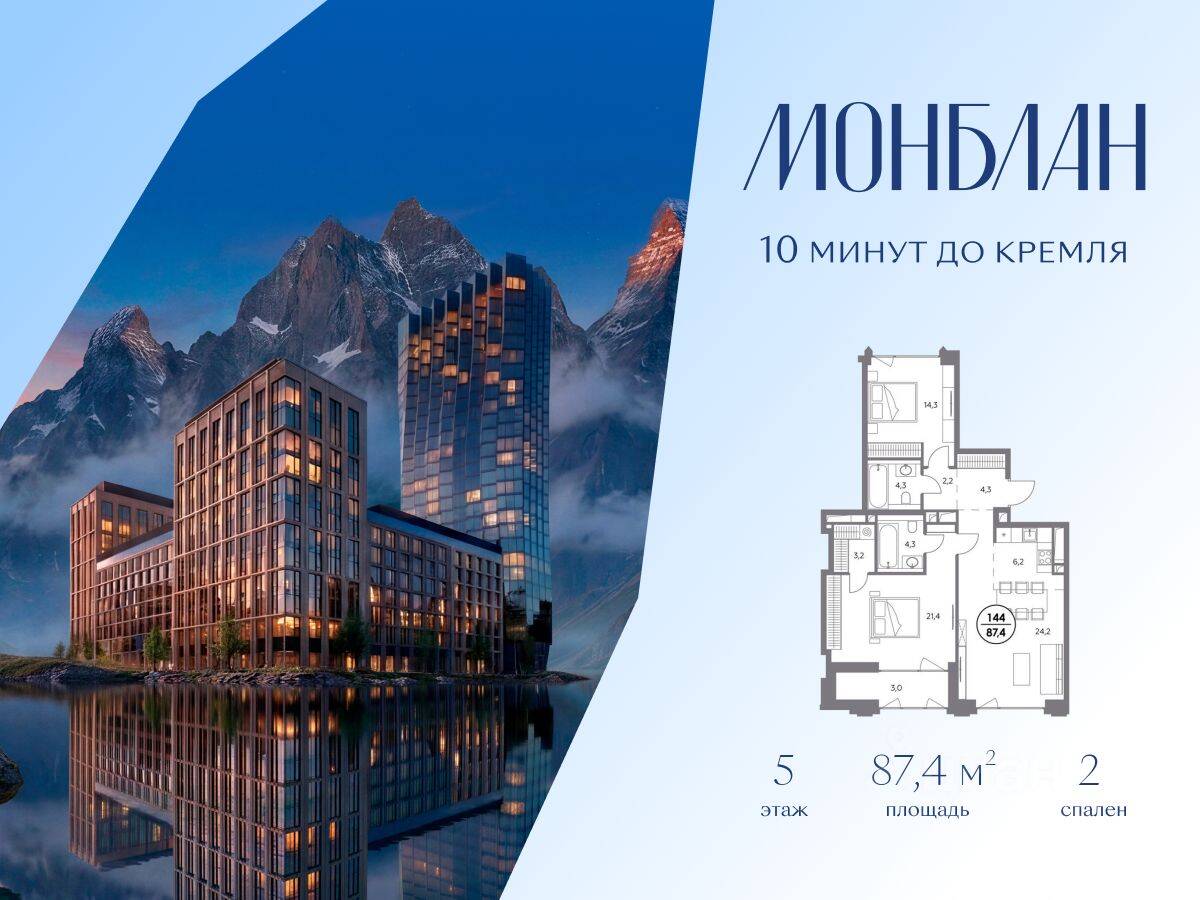 Планировка 2 комнатной квартиры, 87.4 м², в «Монблан»