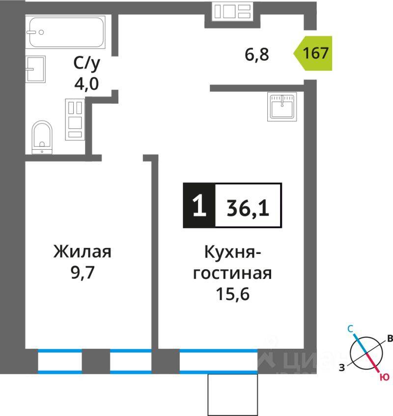 Планировка 1 комнатной квартиры, 36.1 м², в «Никольский квартал Отрада»