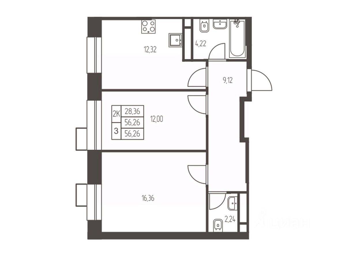 2-комн. квартира, 56,3 м², в ЖК Новая Ивантеевка