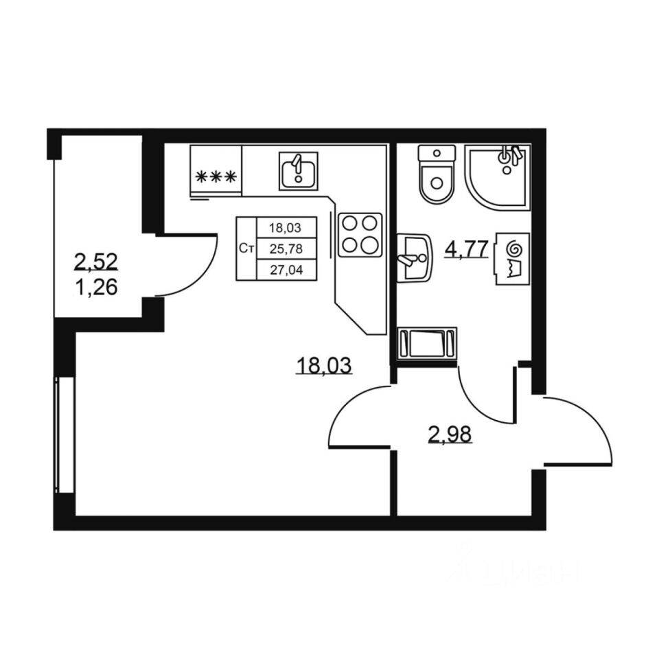 Квартира-студия, 27,04 м², в ЖК «Высота» (Бугры)