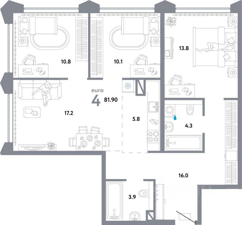 4-комн. квартира, 81,9 м², в ЖК Страна.Озерная