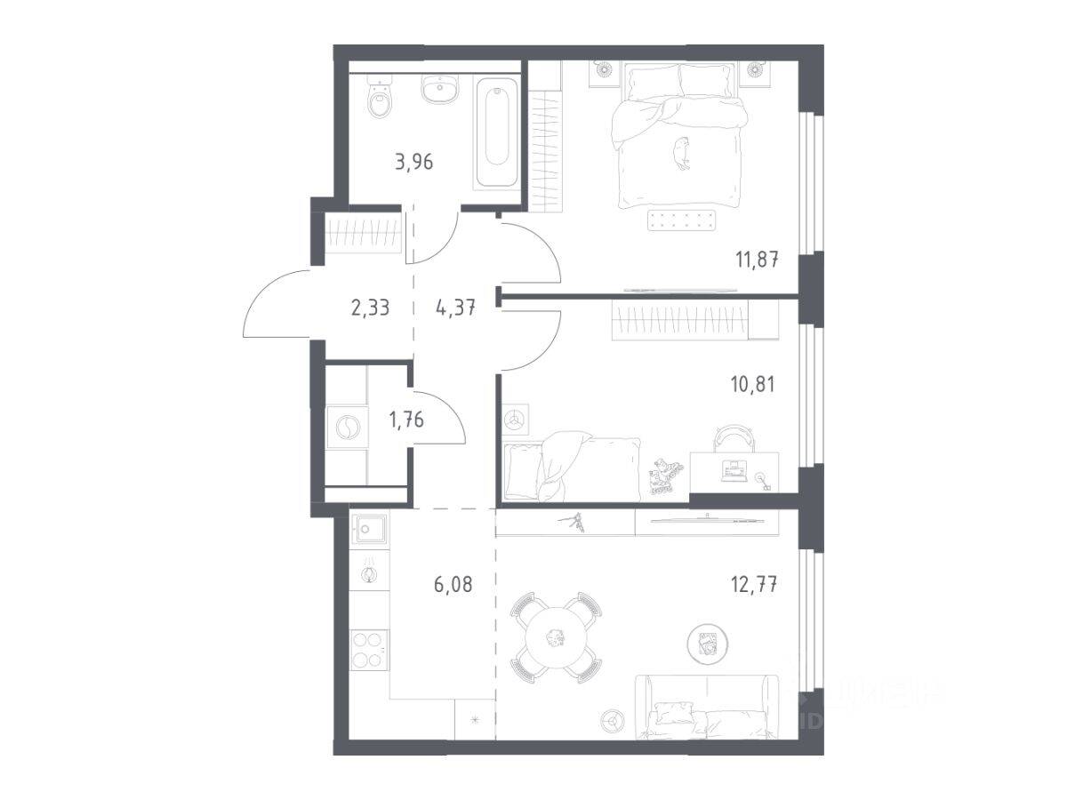 2-комн. квартира, 53,95 м², в ЖК «Пригород Лесное»