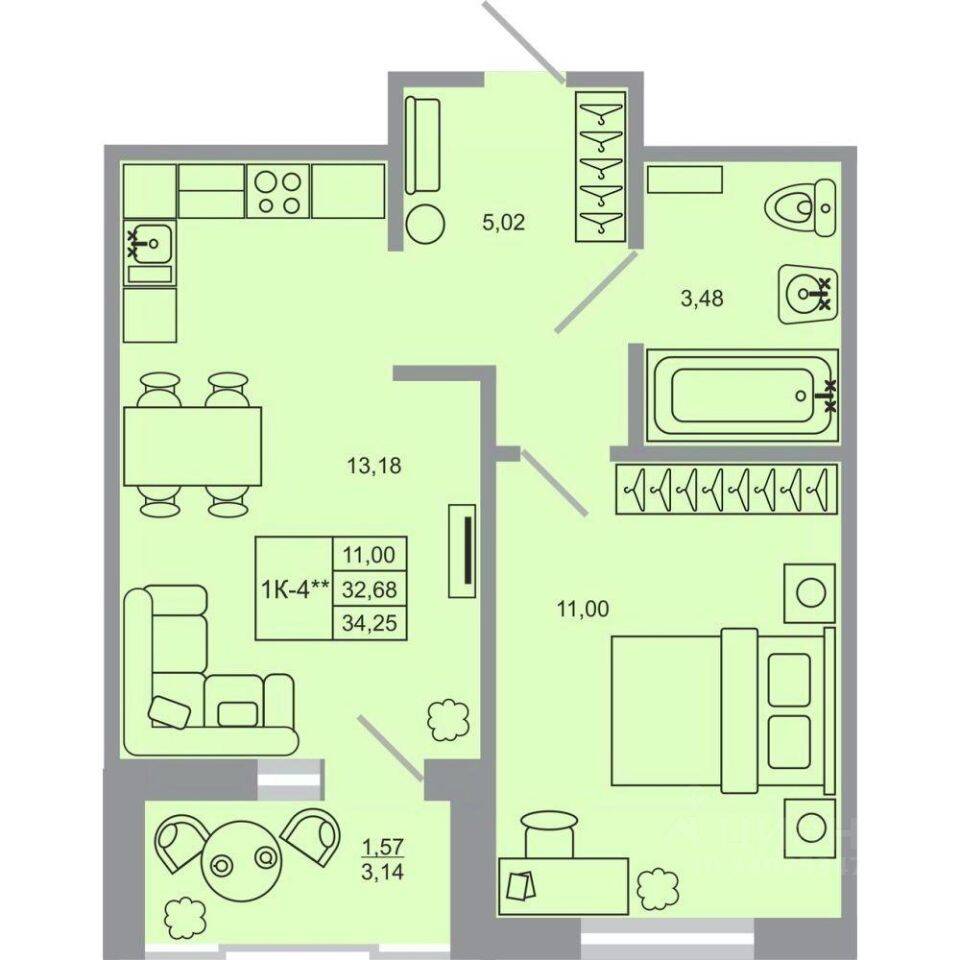 Планировка 1 комнатной квартиры, 34.25 м², в «Стороны света-2»