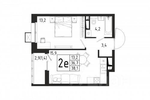 1-комн. квартира, 38,1 м², в ЖК «Берег»