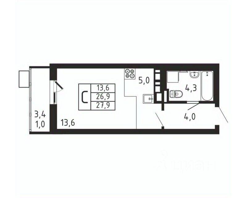 Квартира-студия, 27,9 м², в ЖК «Пироговская Ривьера»