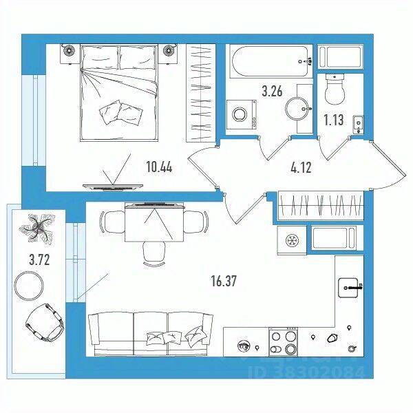 Планировка 1 комнатной квартиры, 37.18 м², в «Искра Сити»