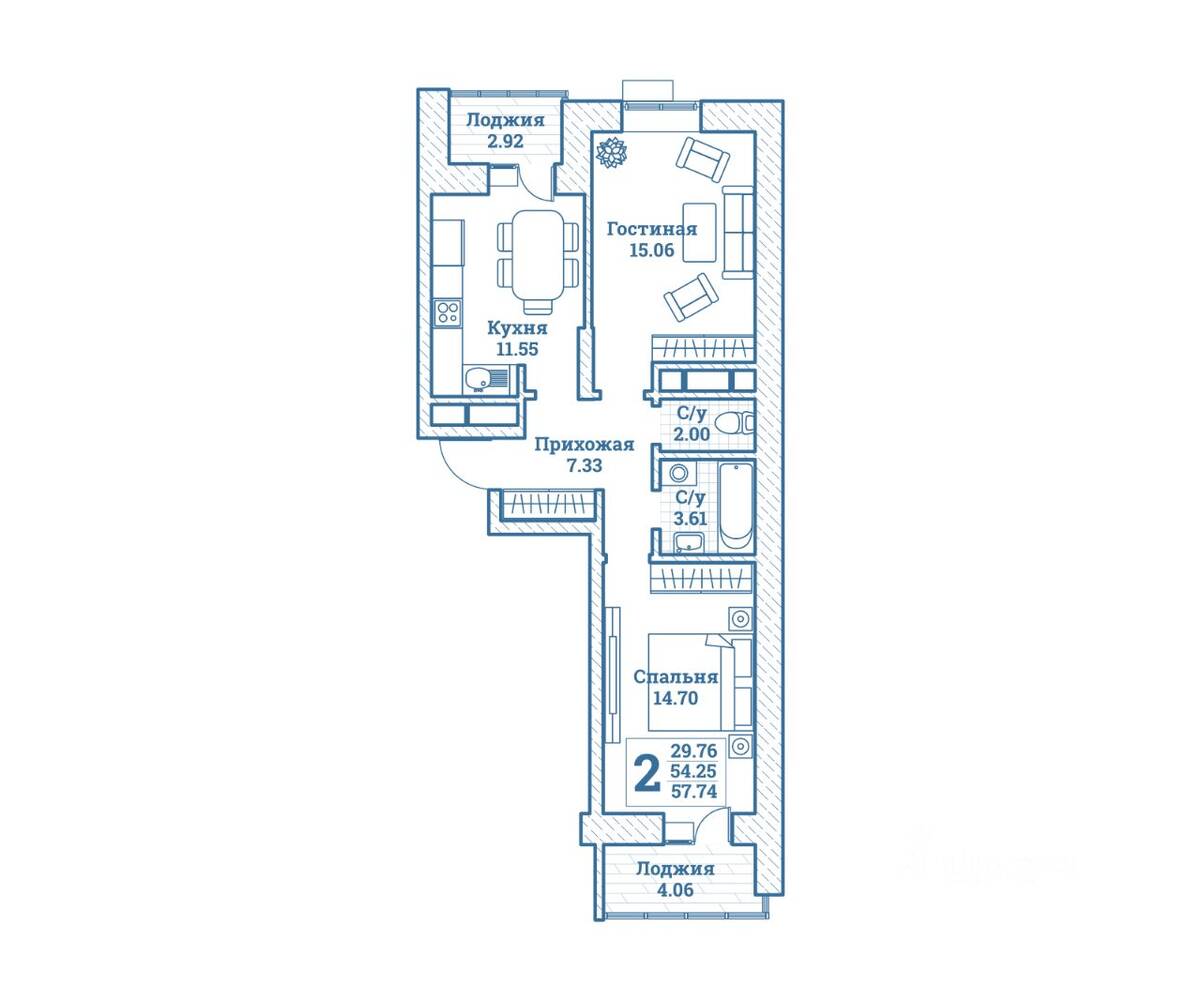 2-комн. квартира, 57,74 м², в ЖК Новоград Монино
