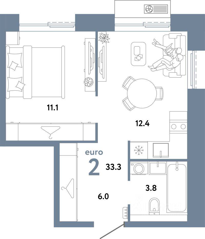 2-комн. квартира, 33,3 м², в ЖК Страна.Заречная