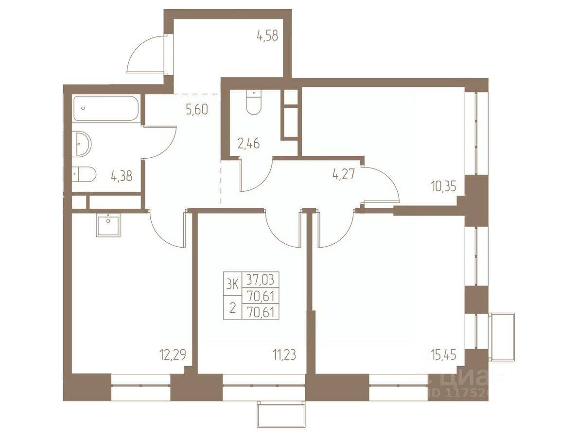 3-комн. квартира, 70,61 м², в ЖК Фабрикант