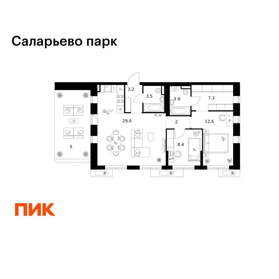 2-комн. квартира, 75,5 м², в ЖК «Саларьево парк»