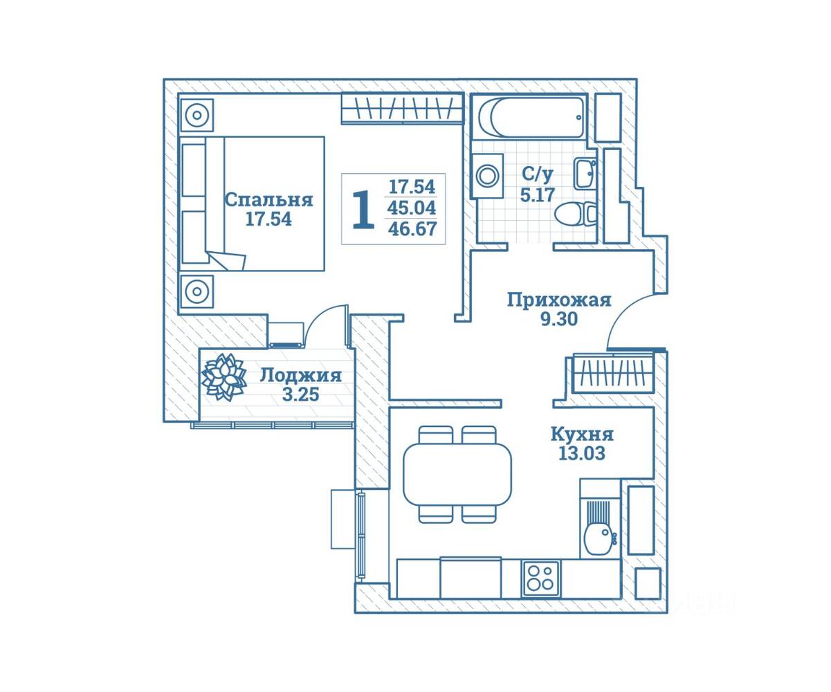1-комн. квартира, 46,67 м², в ЖК Новоград Монино