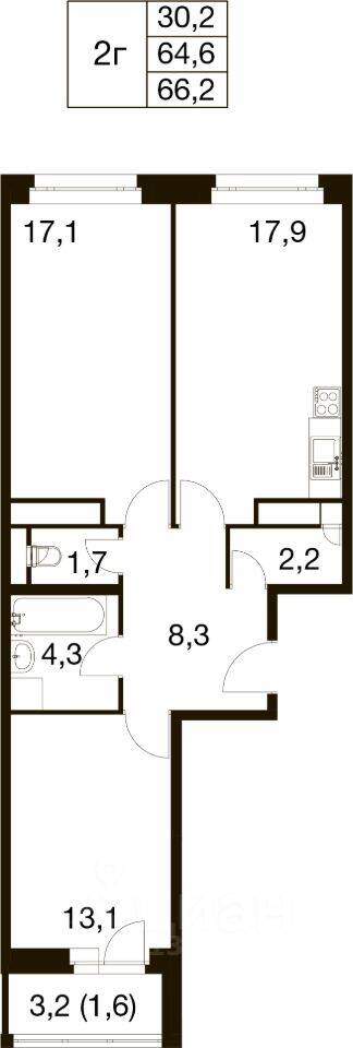 3-комн. квартира, 64,2 м², в ЖК Идеал