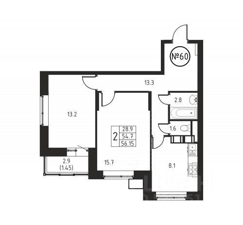2-комн. квартира, 56,15 м², в ЖК Космос
