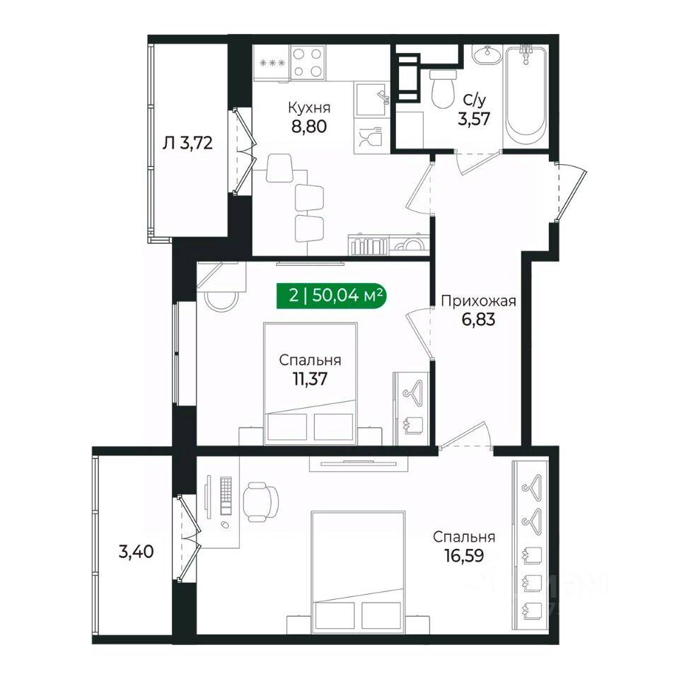 2-комн. квартира, 47 м², в ЖК Sertolovo Park