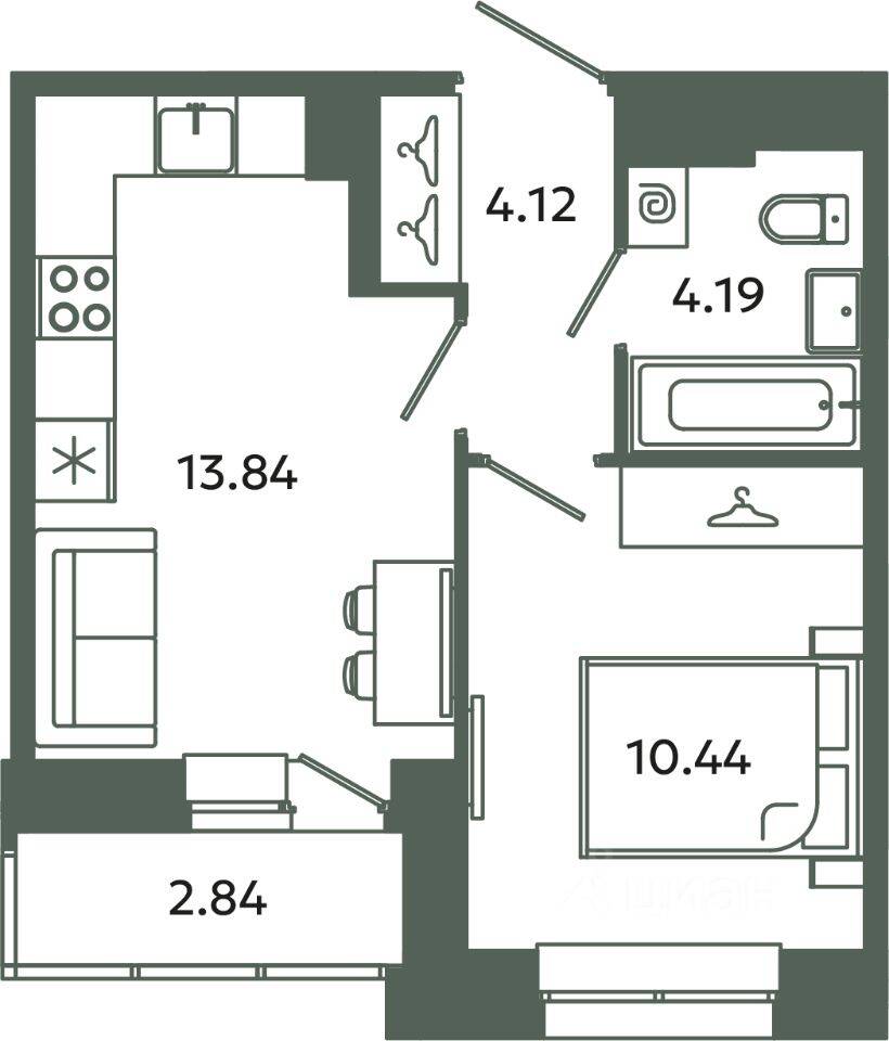 1-комн. квартира, 32,59 м², в ЖК Загляденье