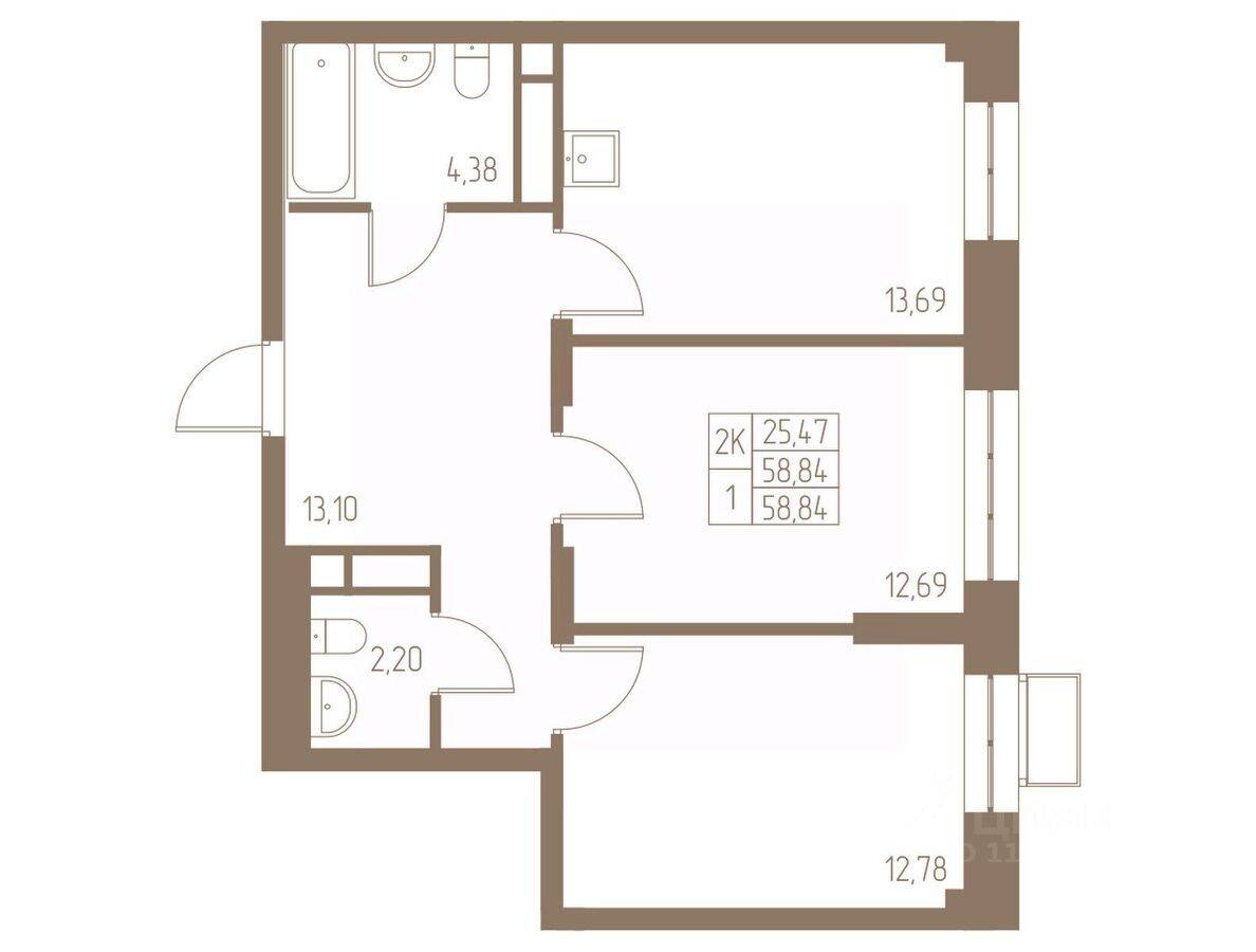 2-комн. квартира, 58,84 м², в ЖК Фабрикант