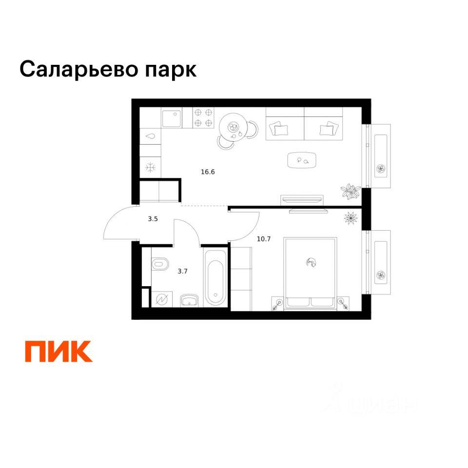 1-комн. квартира, 34,5 м², в ЖК «Саларьево парк»