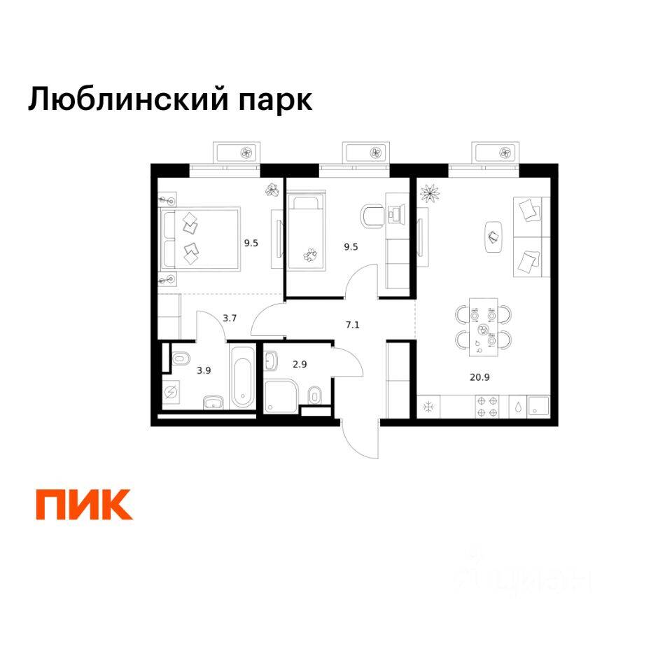 2-комн. квартира, 57,5 м², в ЖК «Люблинский парк»