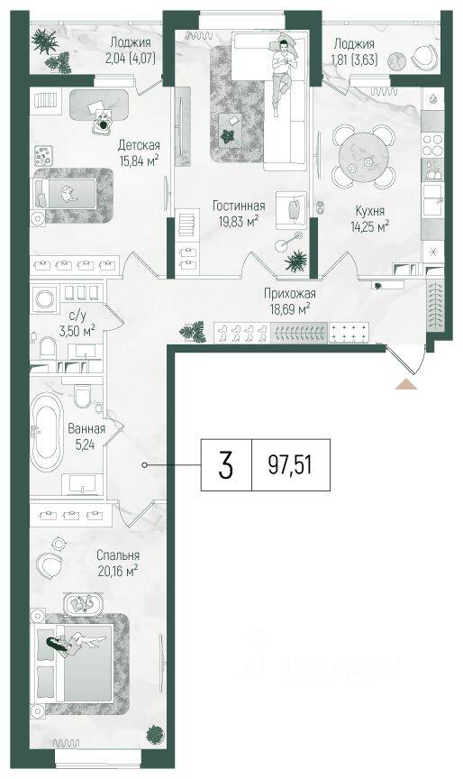 3-комн. квартира, 101,37 м², в ЖК Riga Hills