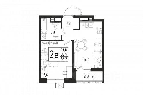 1-комн. квартира, 38,3 м², в ЖК «Берег»