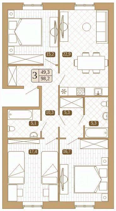 Планировка 3 комнатной квартиры, 97 м², в «Белый город (Сергиев Посад)»