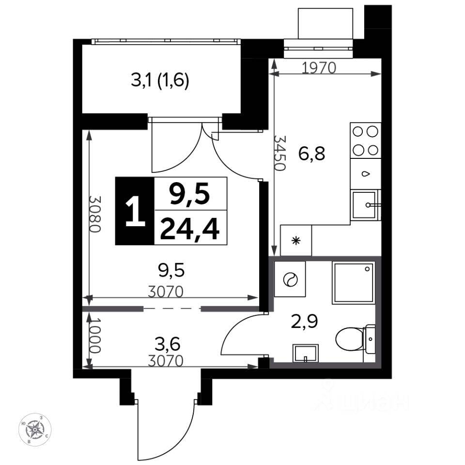 Квартира-студия, 25,2 м², в ЖК «Южная Битца»
