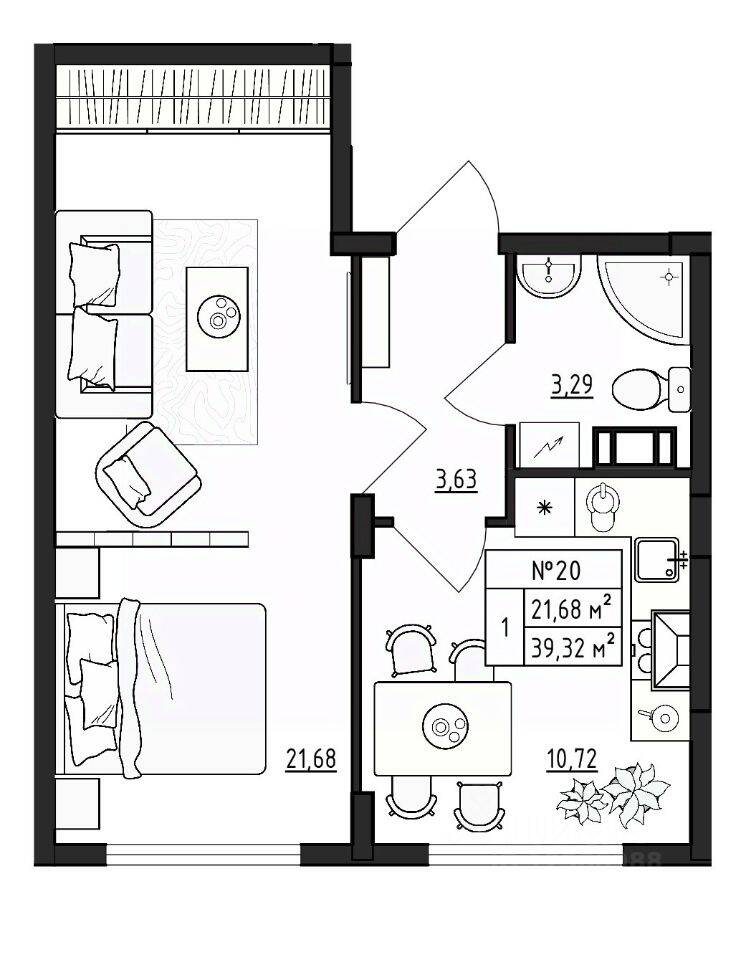 1-комн. квартира, 39,32 м², в Малоэтажный ЖК Верево-Сити
