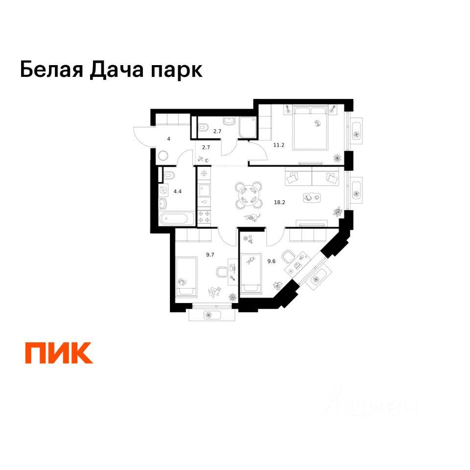 3-комн. квартира, 62,5 м², в ЖК «Белая Дача парк»